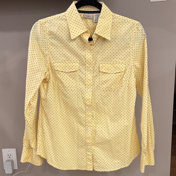 L.L. Bean Tops - Vintage L.L. Bean Women's Yellow Button Down Shirt with Navy Polka Dots Sz S